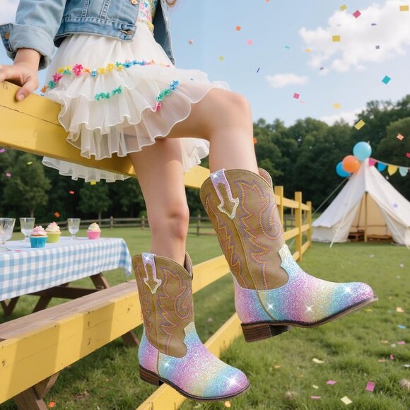 Unisex Child Shiny Rainbow Mid Calf Glitter Toddler Cowboy Boot Little Big Kids - Picture 2 of 8